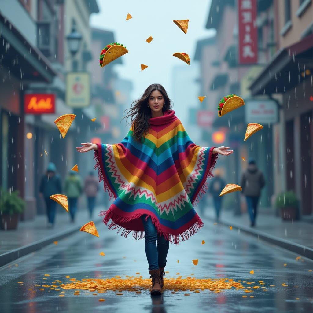 Woman Dancing in Taco Rain: Dreamlike Digital Art