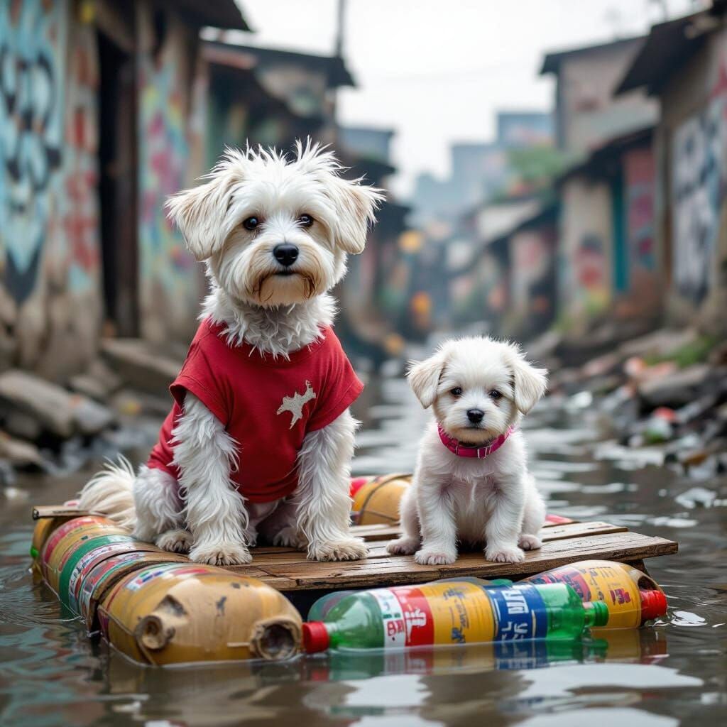 Dogs on Raft in Urban Slum, Gritty Realism Style
