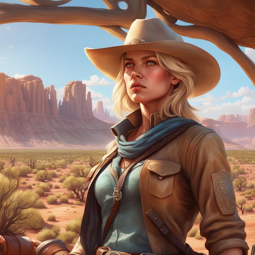 Detailed Cowgirl Portrait in Western Landscape