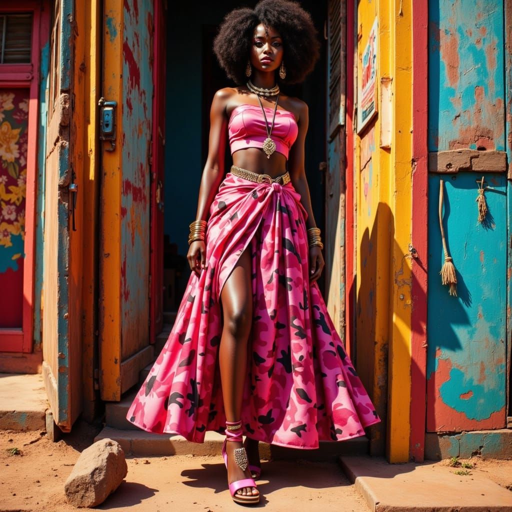 African Woman in Pink Camouflage Sari, Hyperrealistic Style