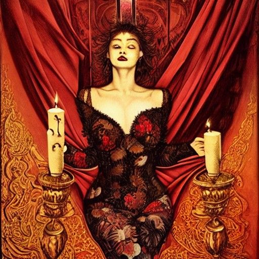 Sinister Seductress in Candlelit Boudoir: Oil Painting