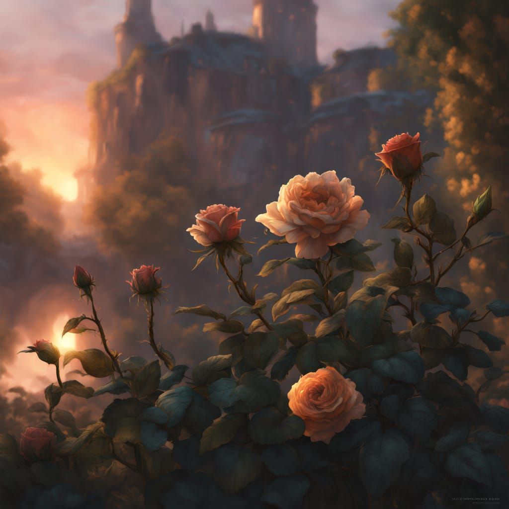 Dilapidated Garden by River in Golden Sunset Light