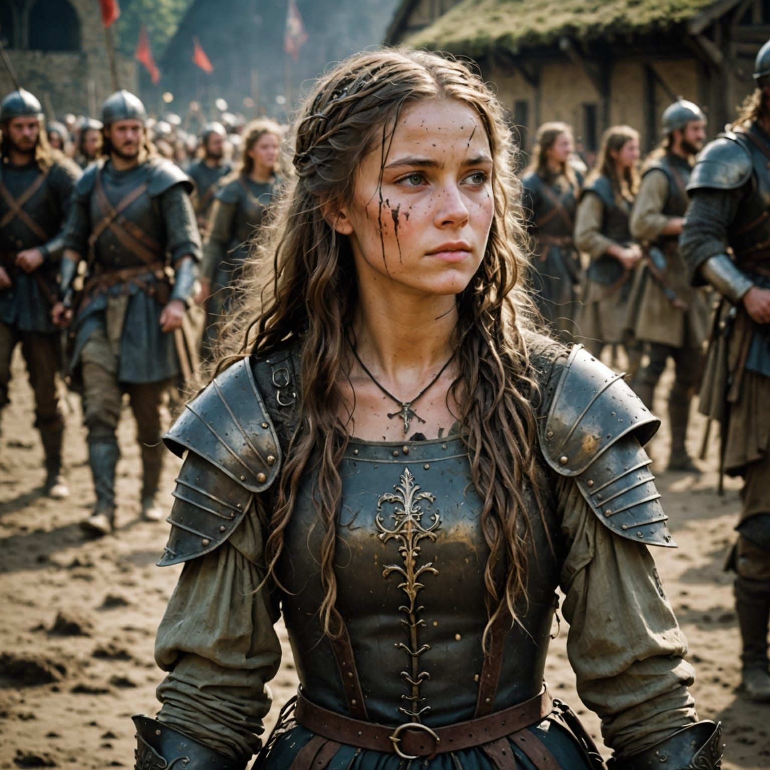 Medieval Girl in Ripped Fatigues, Mud-Covered Portrait