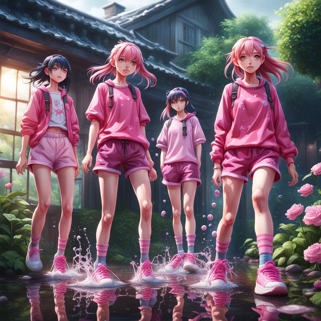 Anime Girls Splashing in Garden Puddle: Digital Art