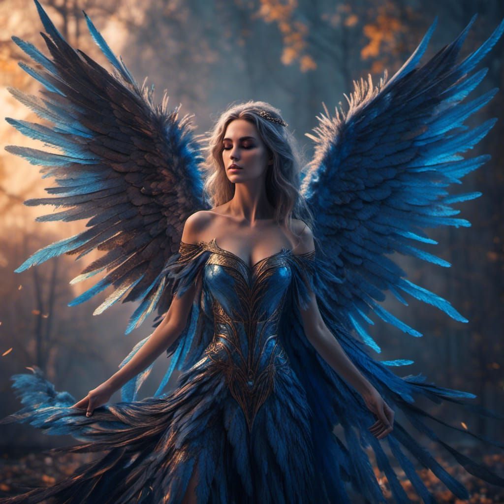Blue-Winged Angel in Detailed Matte Painting Style