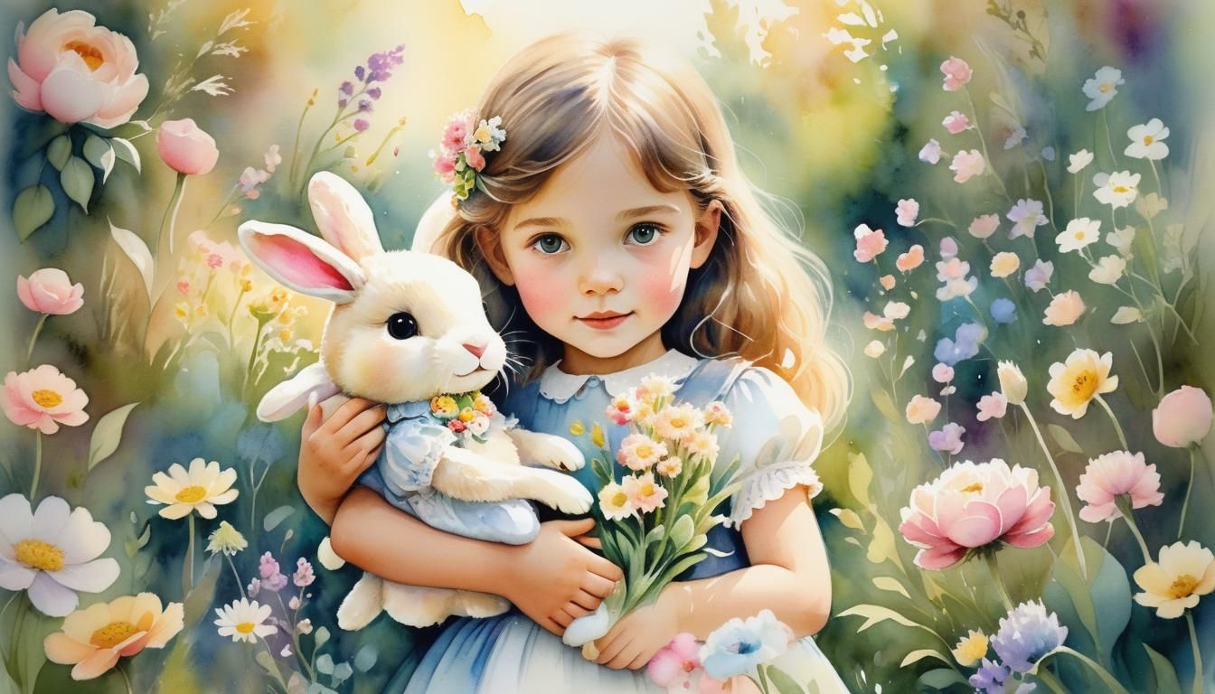 Girl with Rabbit in Lush Garden Watercolour