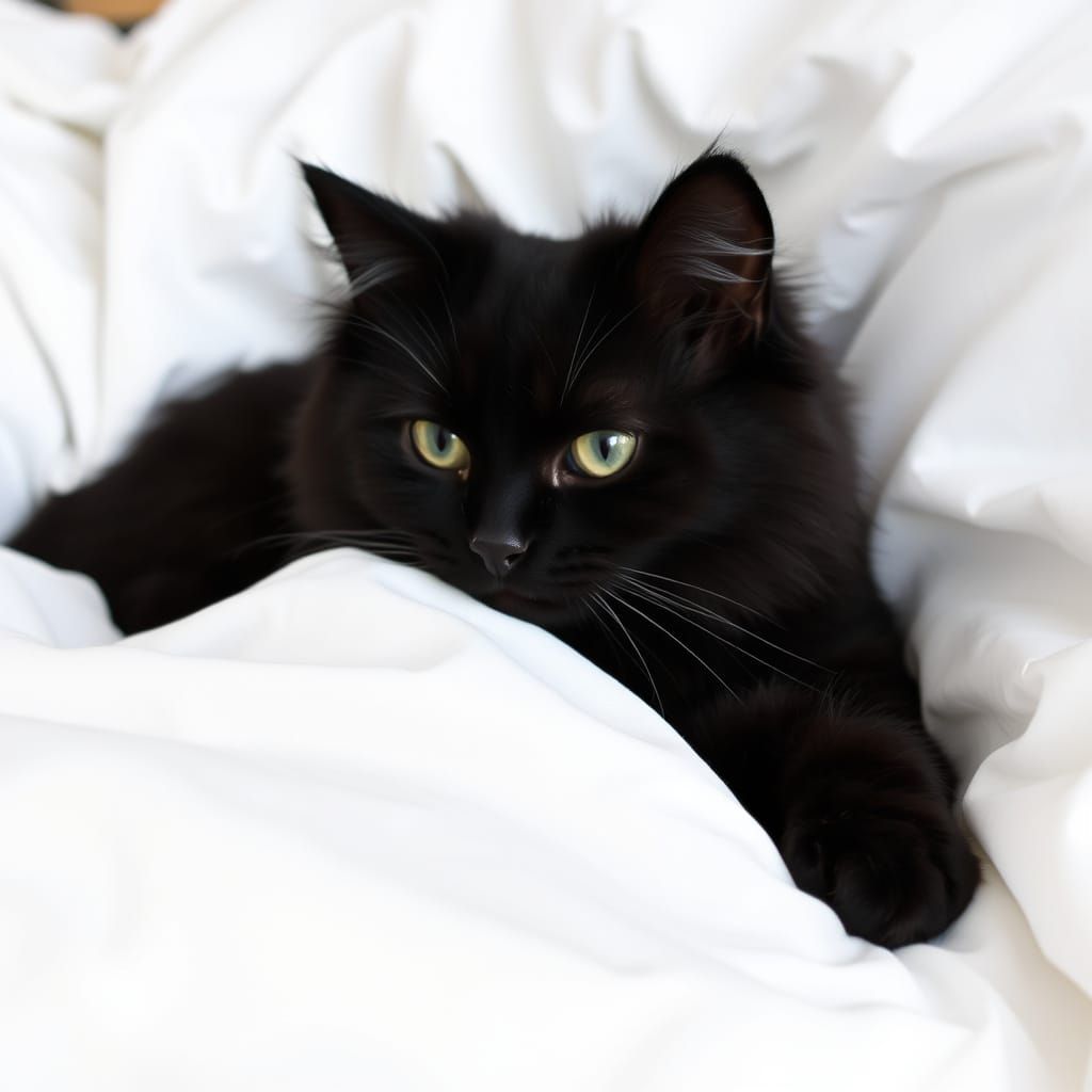Soothing Portrait of a Black Cat Laying on White Sheets