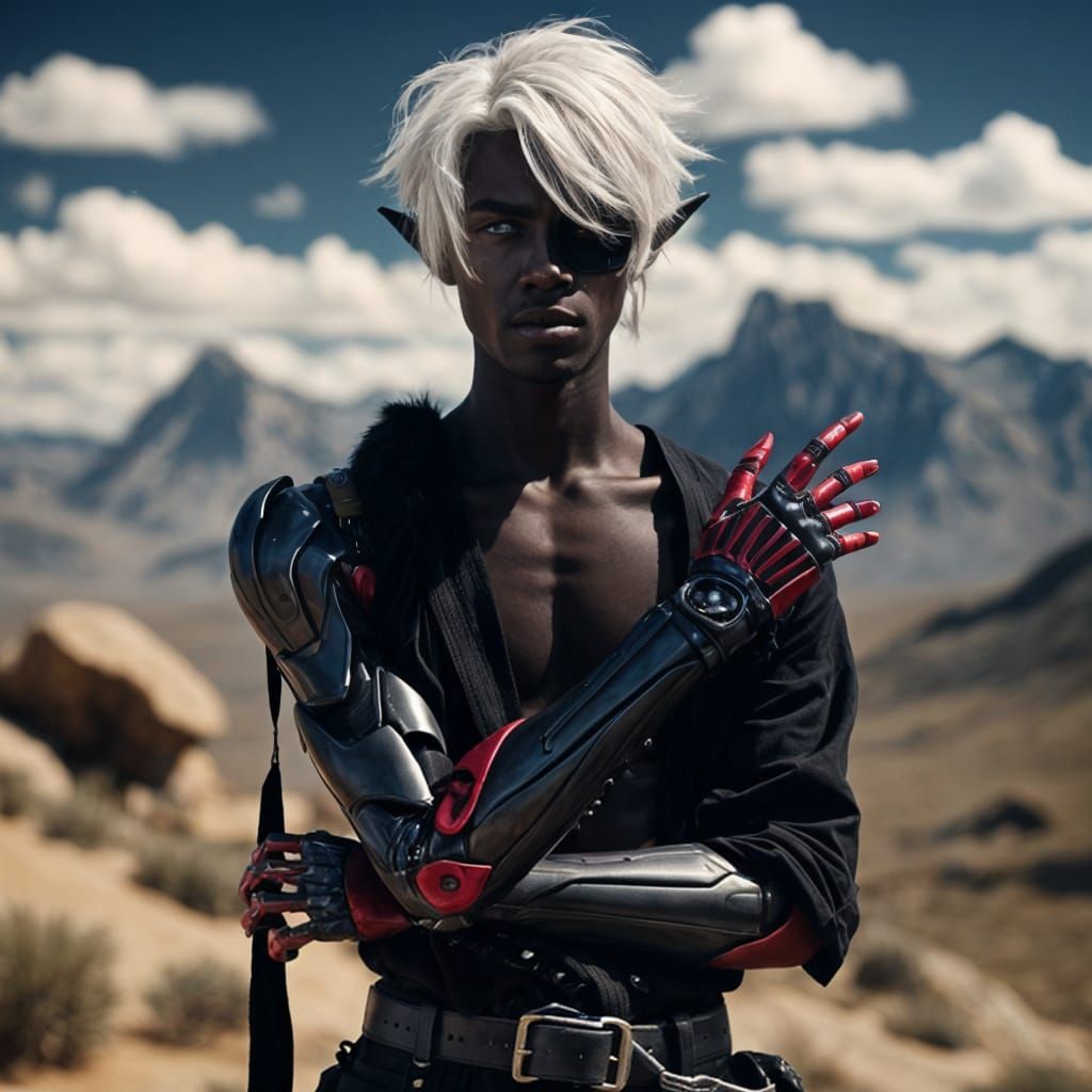 Cybernetic Cowboy with Purple Eyes and Mechanical Arms