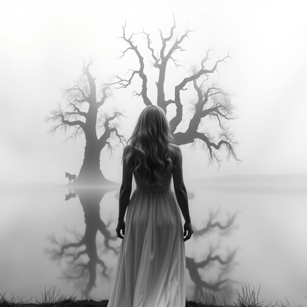 Woman by Foggy Lake in Van Gogh-Inspired Style