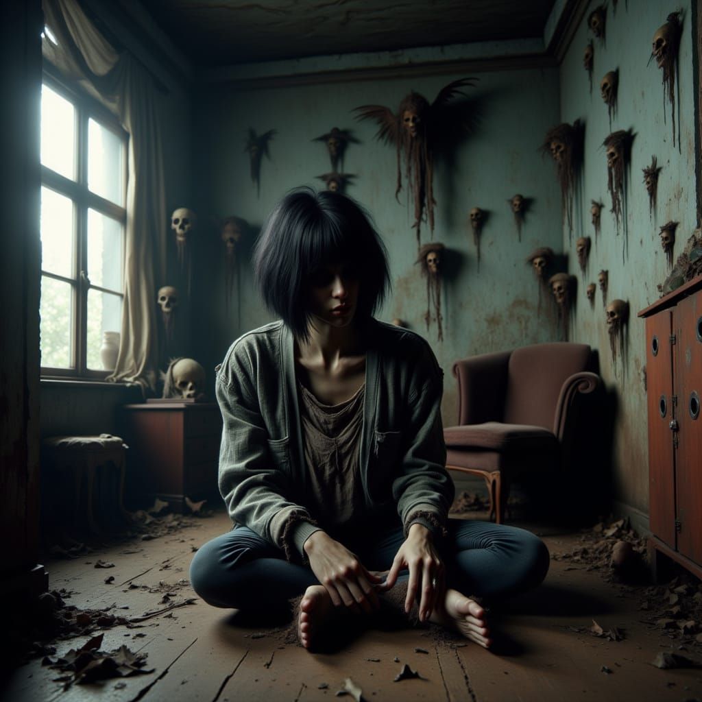 Woman Cowering From Phantasms in Surrealist Horror Scene