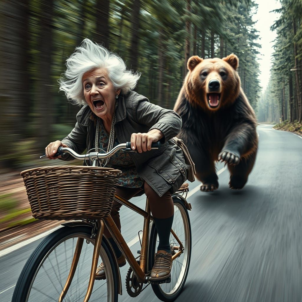 Elderly Woman's Wild Ride: Bear Chase in Photorealistic Styl...