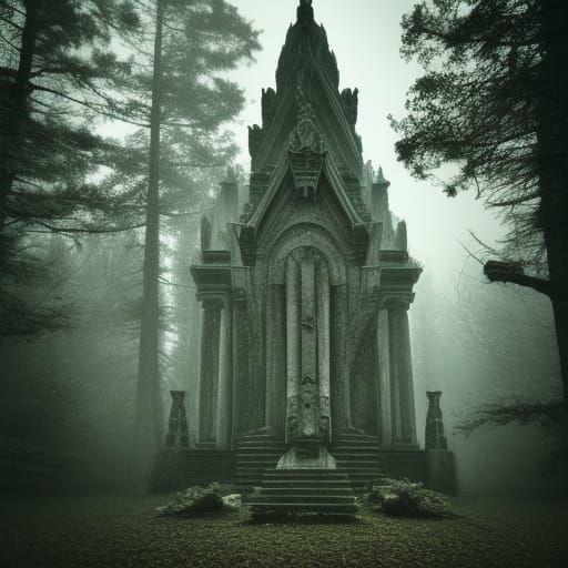 Eerie Pagan Temple in Misty Forest, Hyperrealistic