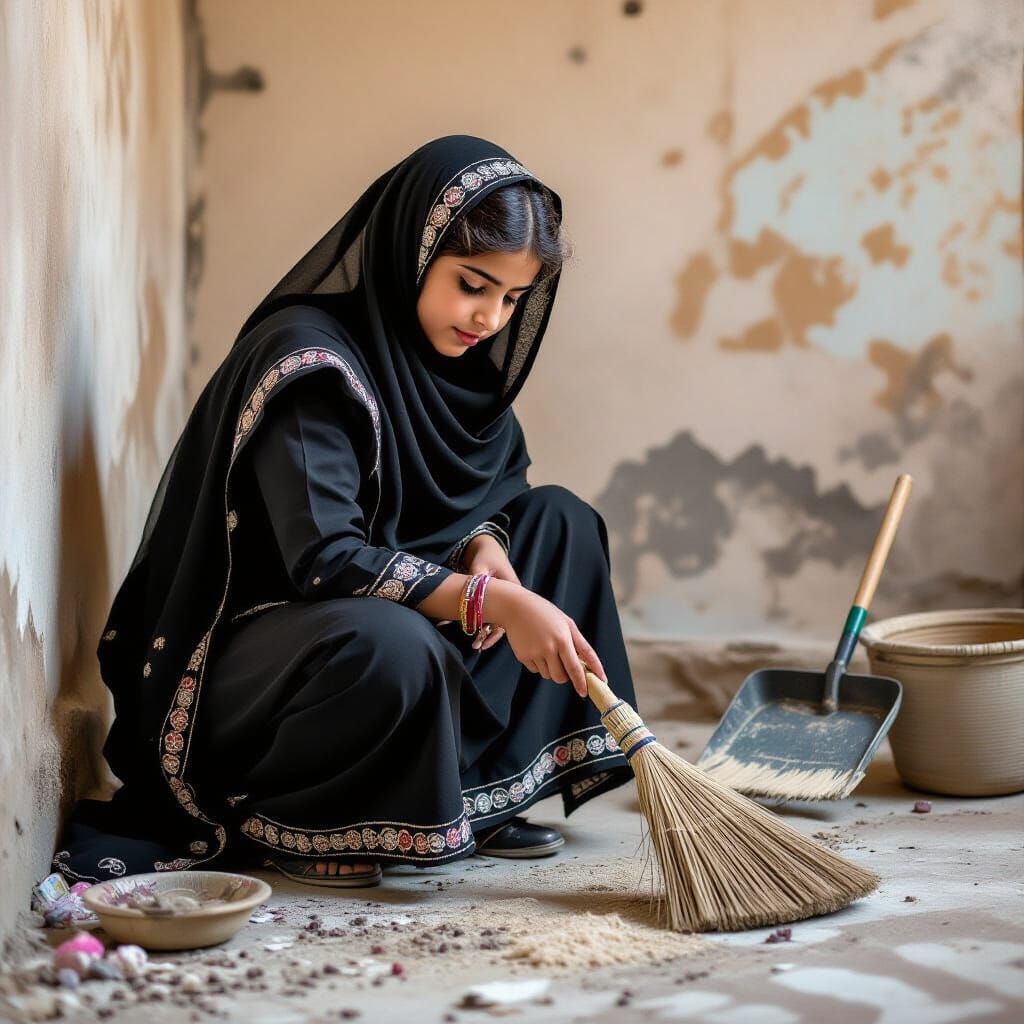 Pakistani Girl Sweeping Floor in Realistic Style