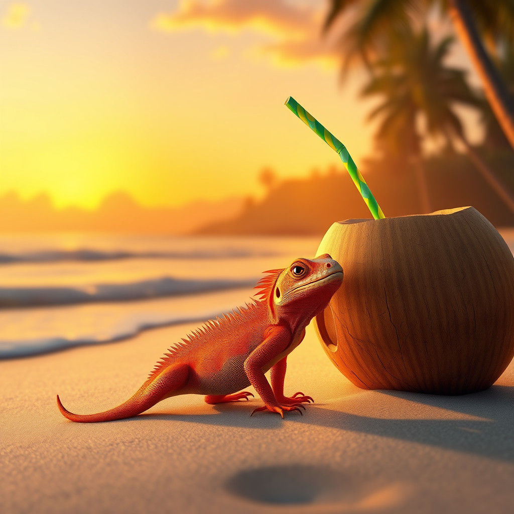 Orange Lizard Sipping Coconut Drink at Sunset