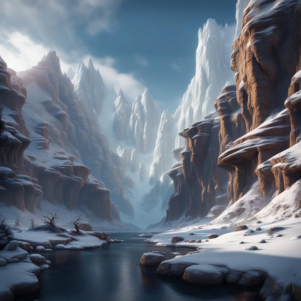 Snowy Canyon with Yeti in Detailed Matte Painting