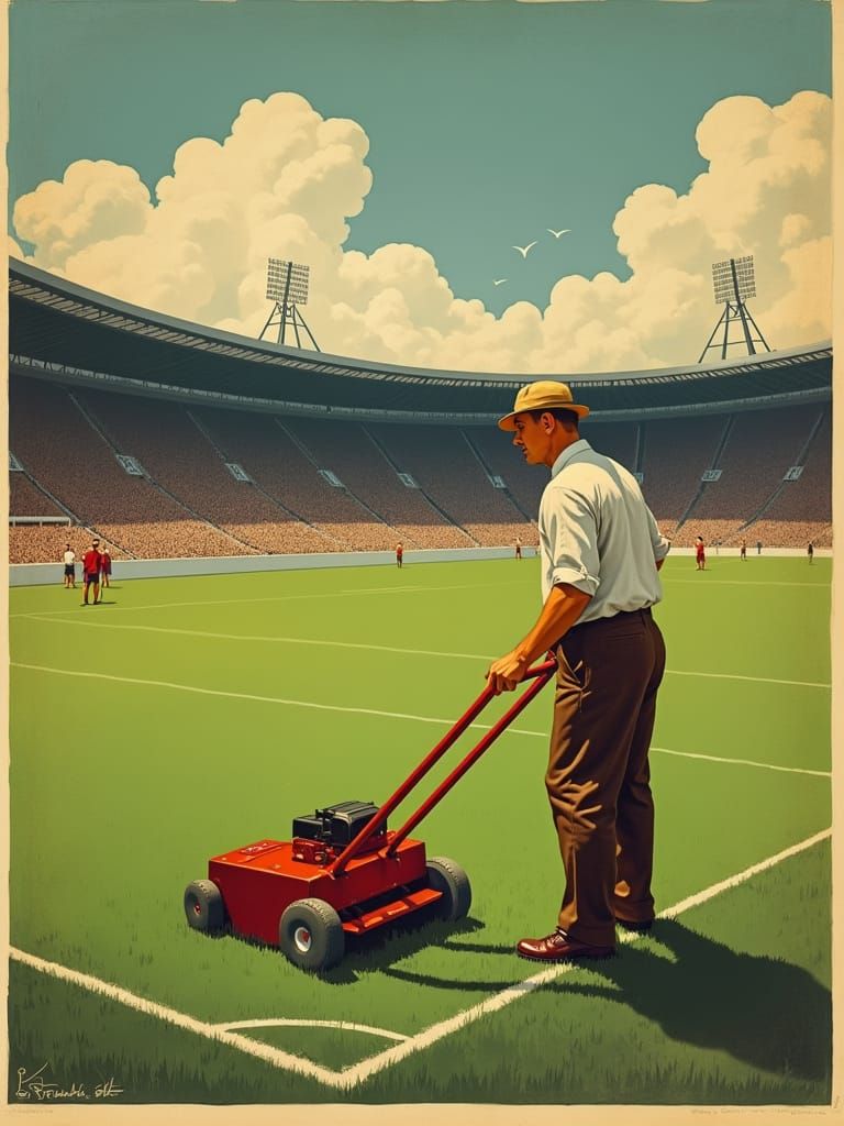 A 1930 poster of a man mowing grass in a large football stad...