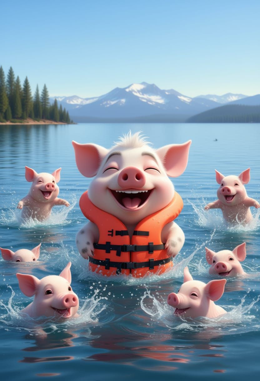Laughing Pig with Life Jacket at Lake Tahoe