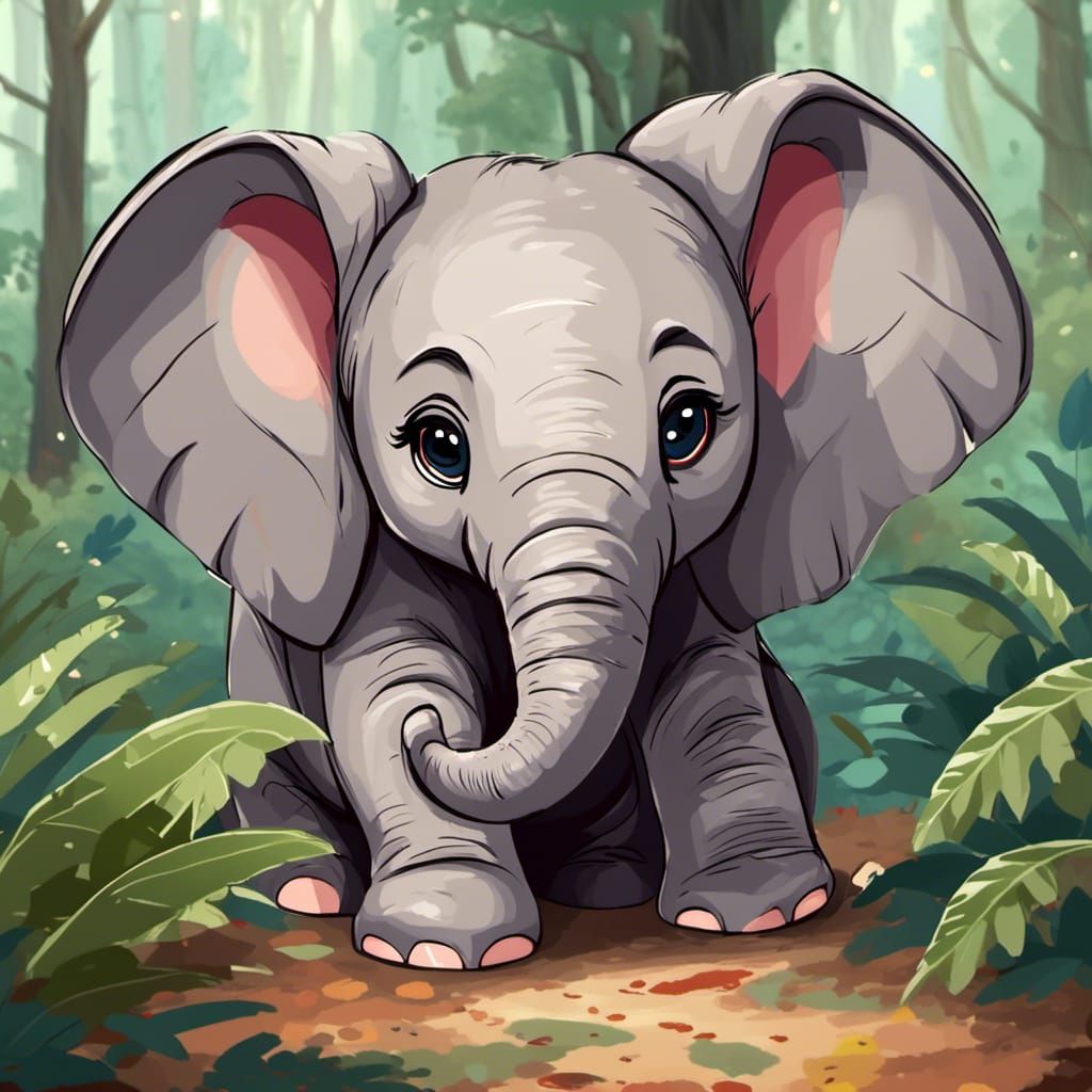 Cute Sad Baby Elephant in Forest