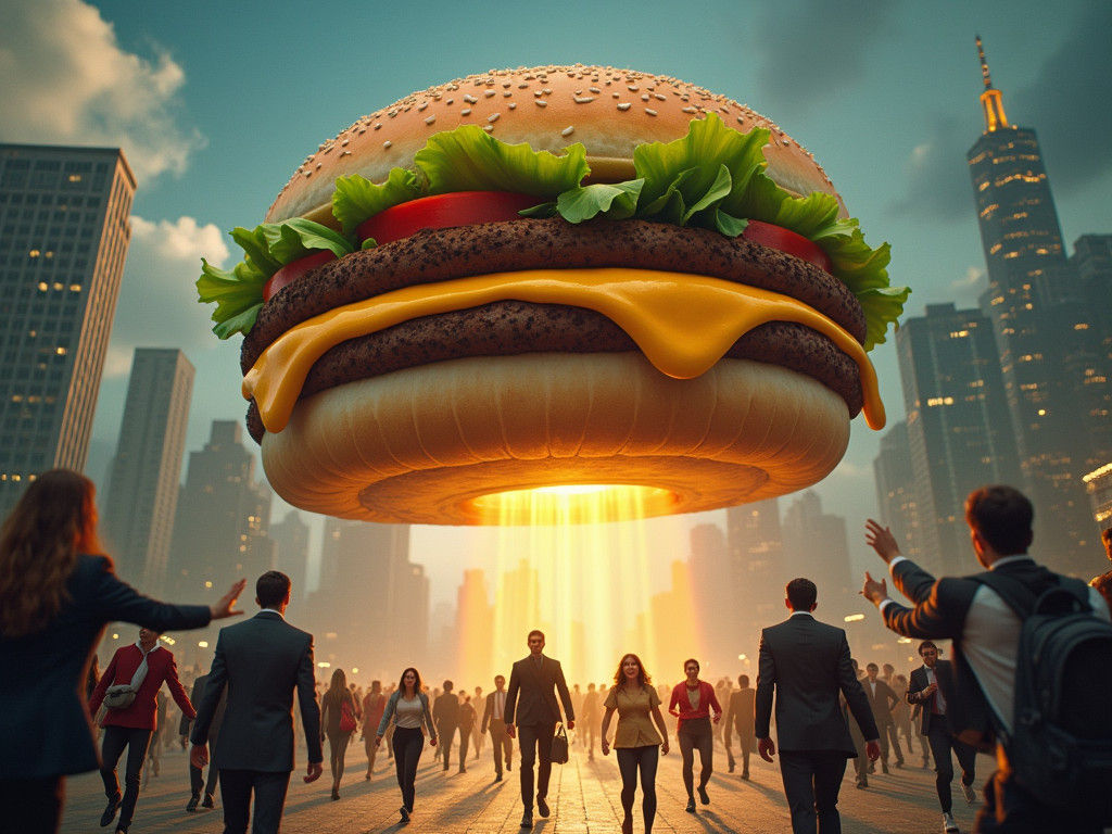Colossal Cheeseburger Invasion in Stop-Motion Surrealism