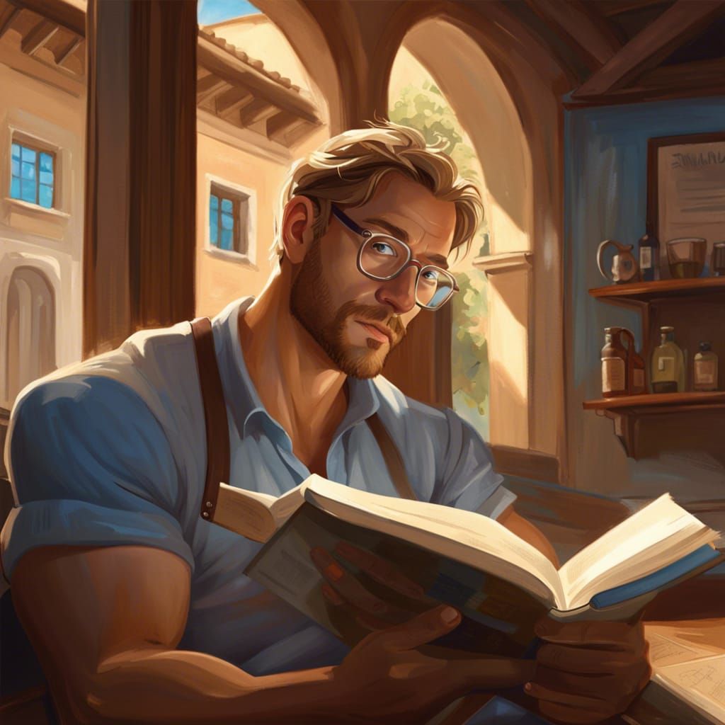 Blue-Eyed Man Reading in Tuscan Cafe