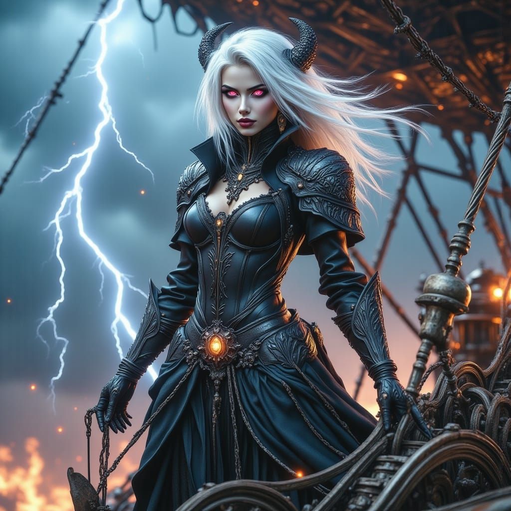 Drow Elf in Obsidian Armor on Steampunk Airship
