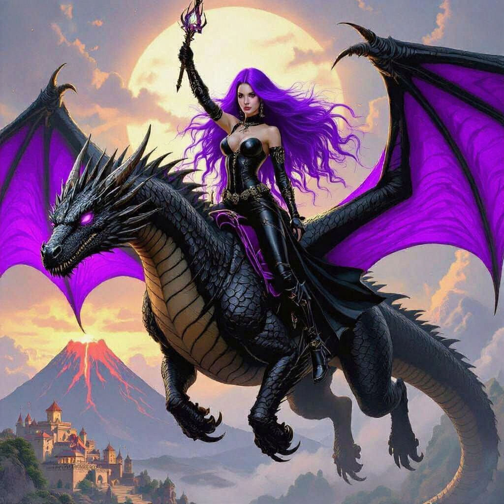 Dragon Princess with Staff Riding Dragon Over Volcano