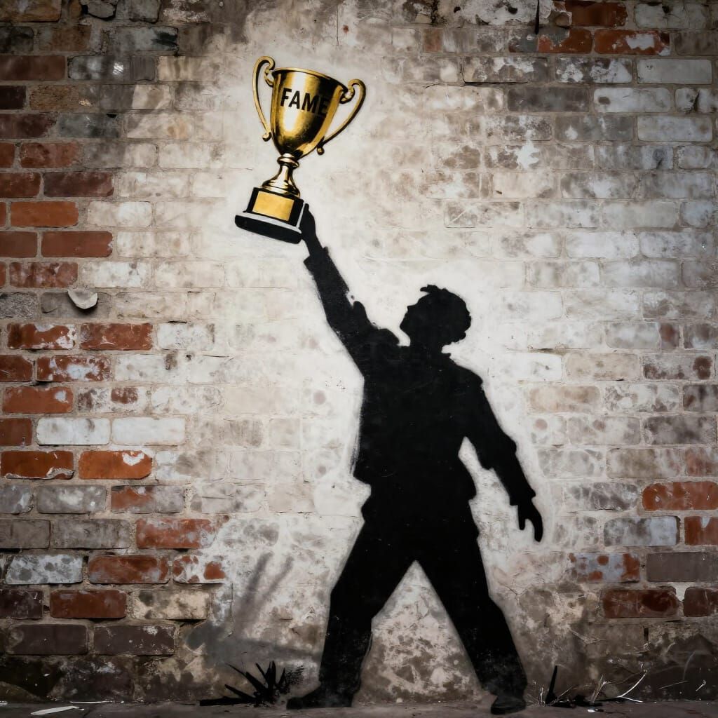 Stencil Art of Figure Reaching for Gold Trophy