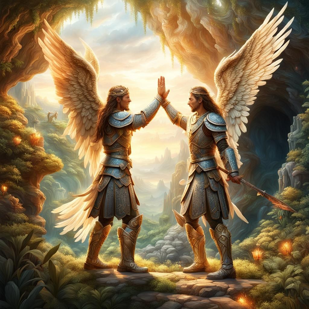 Two warrior angels giving  each other high five, a cave in a...