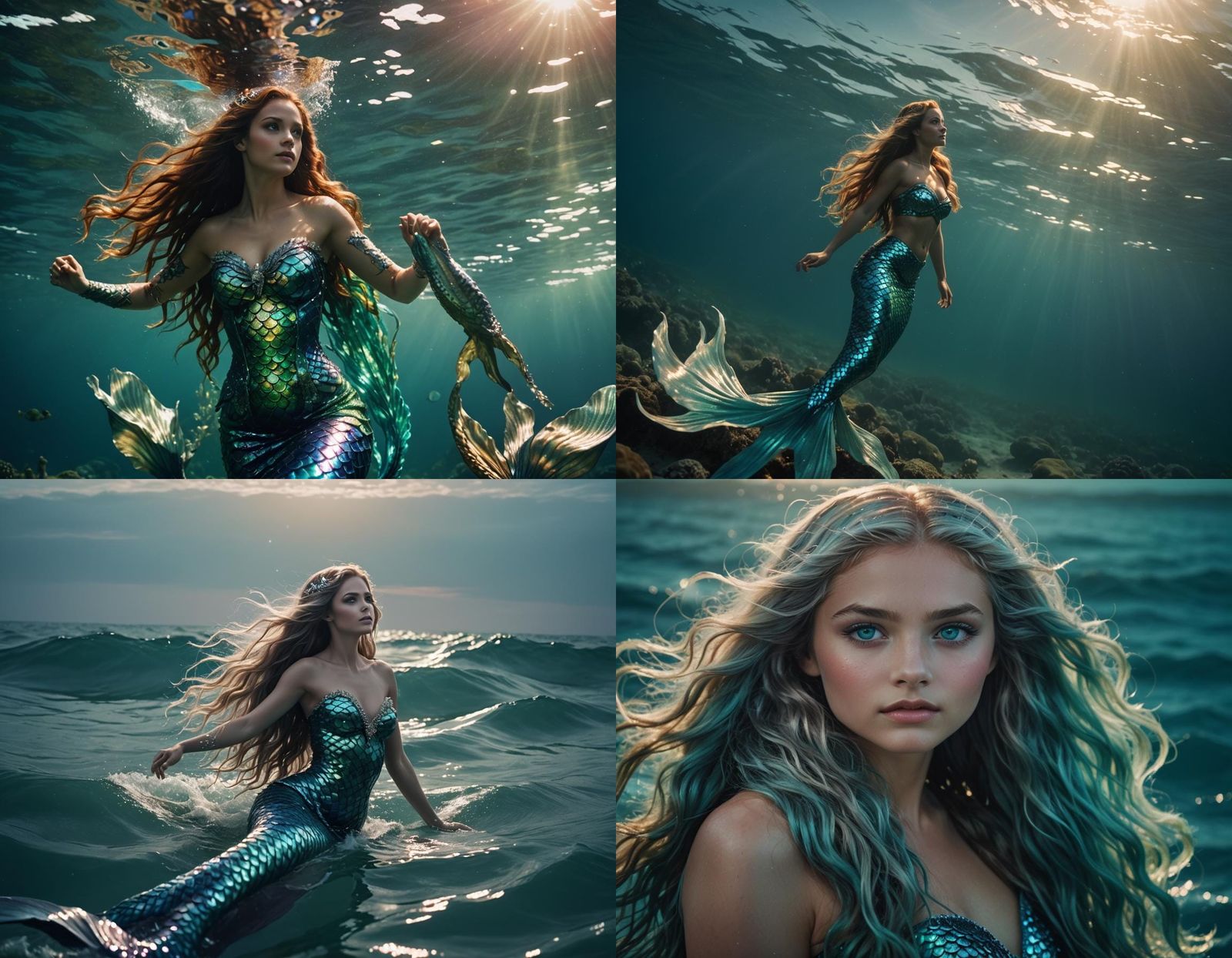 Stunning Mermaid with Iridescent Tail on the Ocean