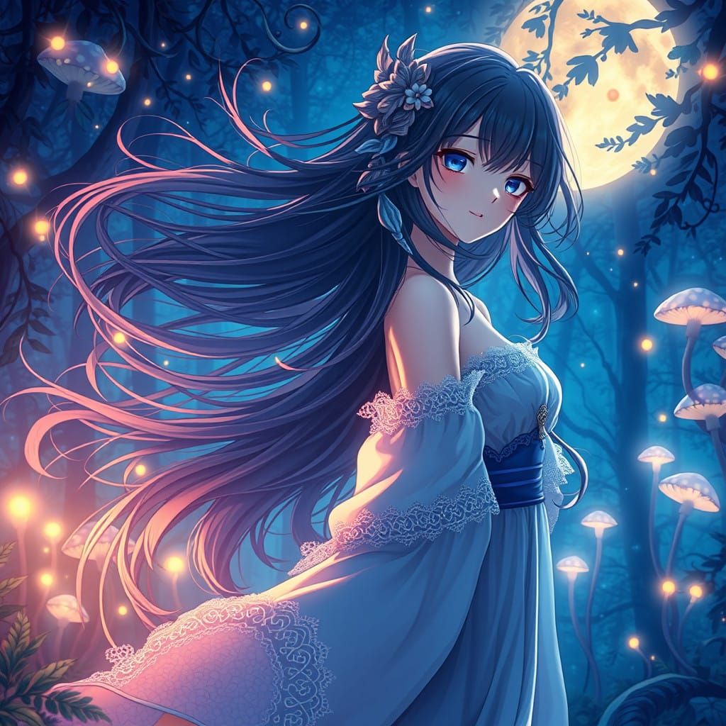 Mystical Anime Maiden in Moonlit Forest