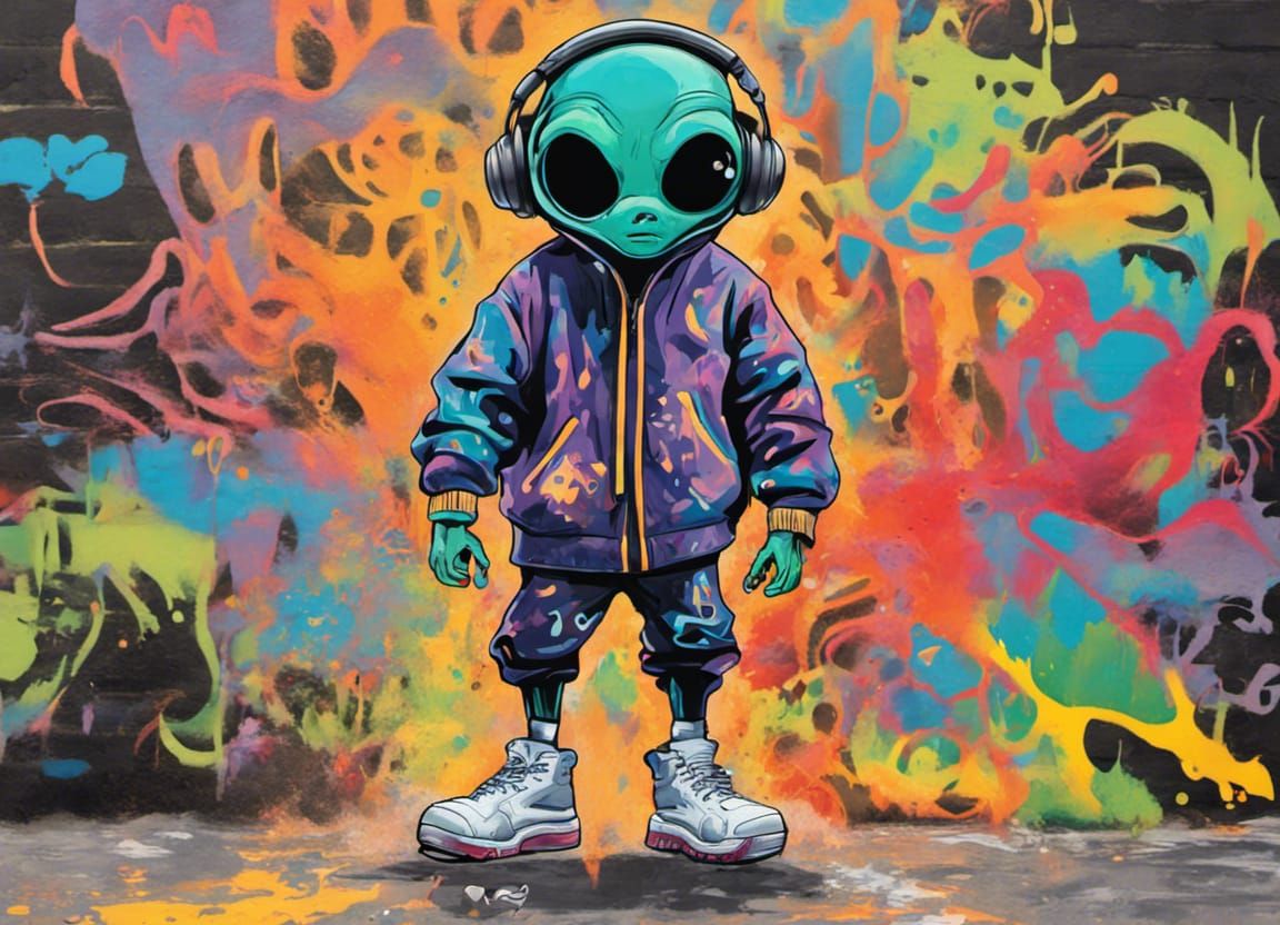 Martian Alien Dances to Hip-Hop in Street Art Style
