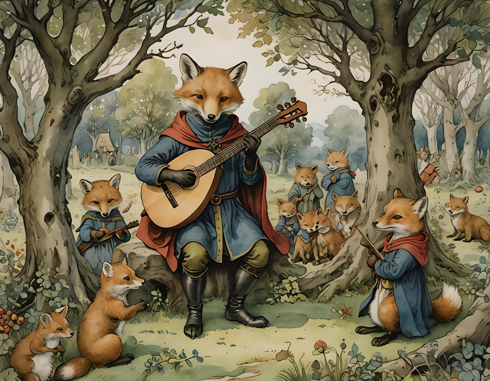 Fox Troubadour Entertains Woodland Creatures in Watercolour