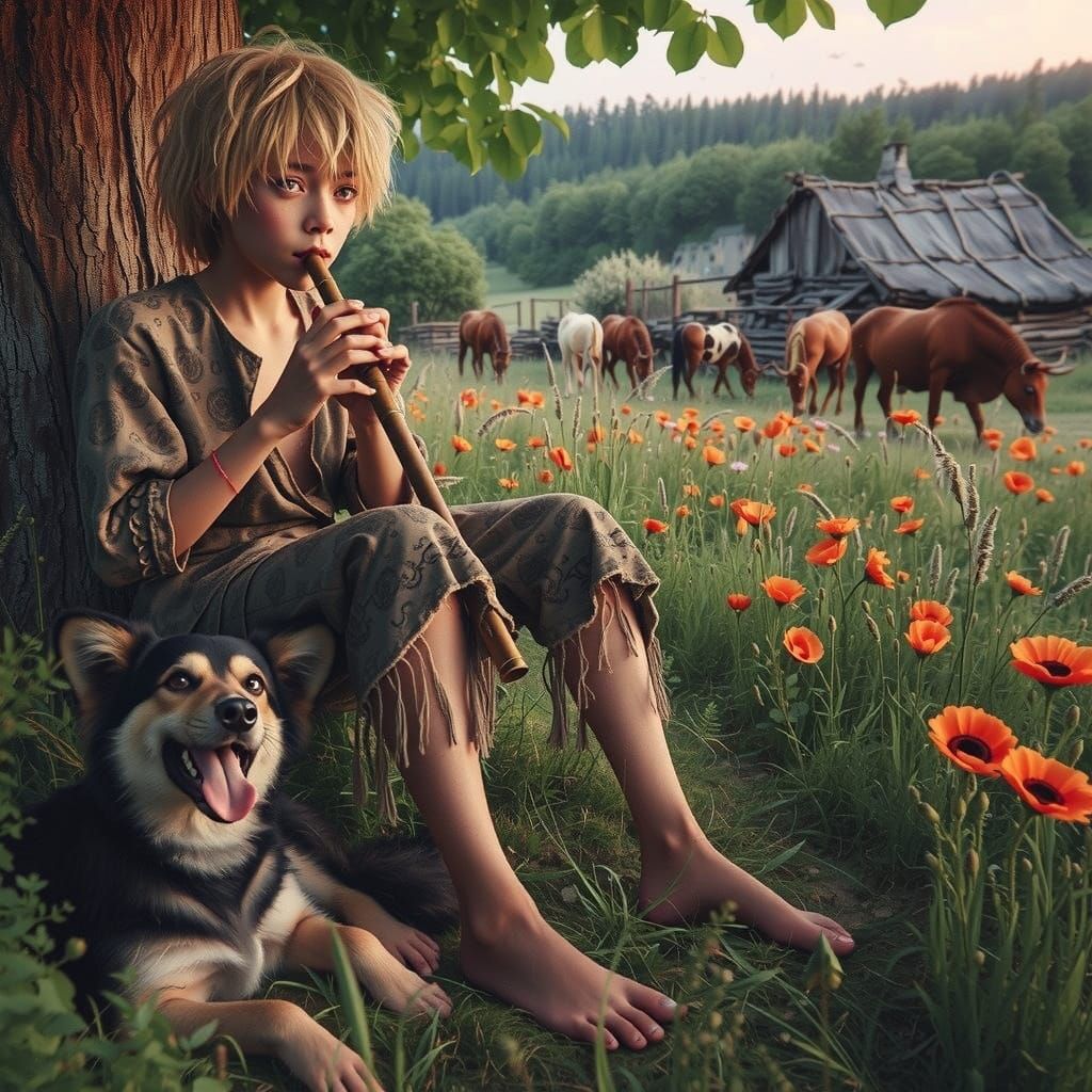 Elegant Flute Player in Art Nouveau Style