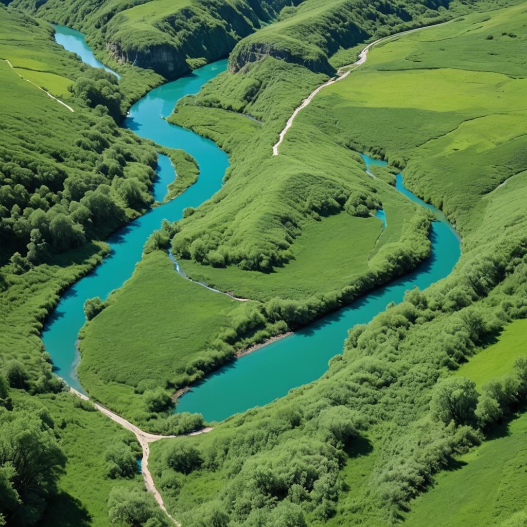 Lush Green River Under Blue-Green Sky
