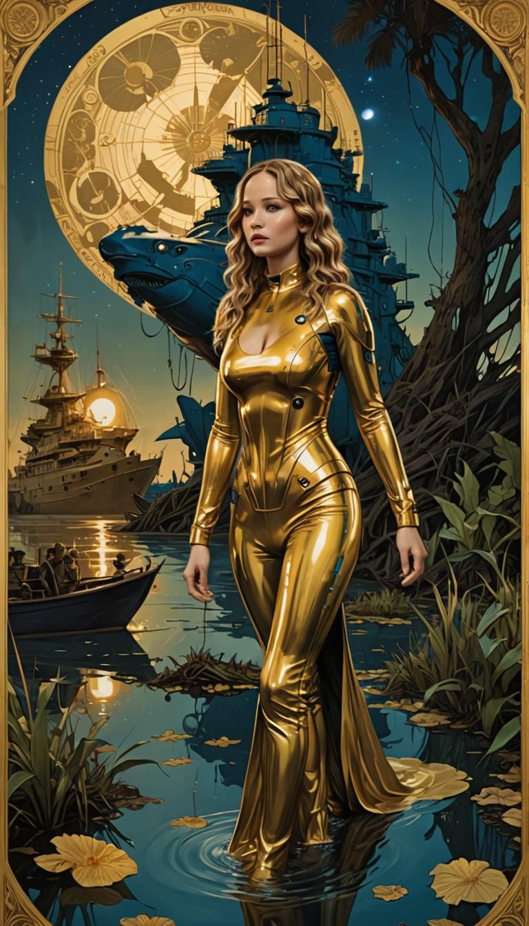 Jennifer Lawrence in Latex Suit, Mucha Style