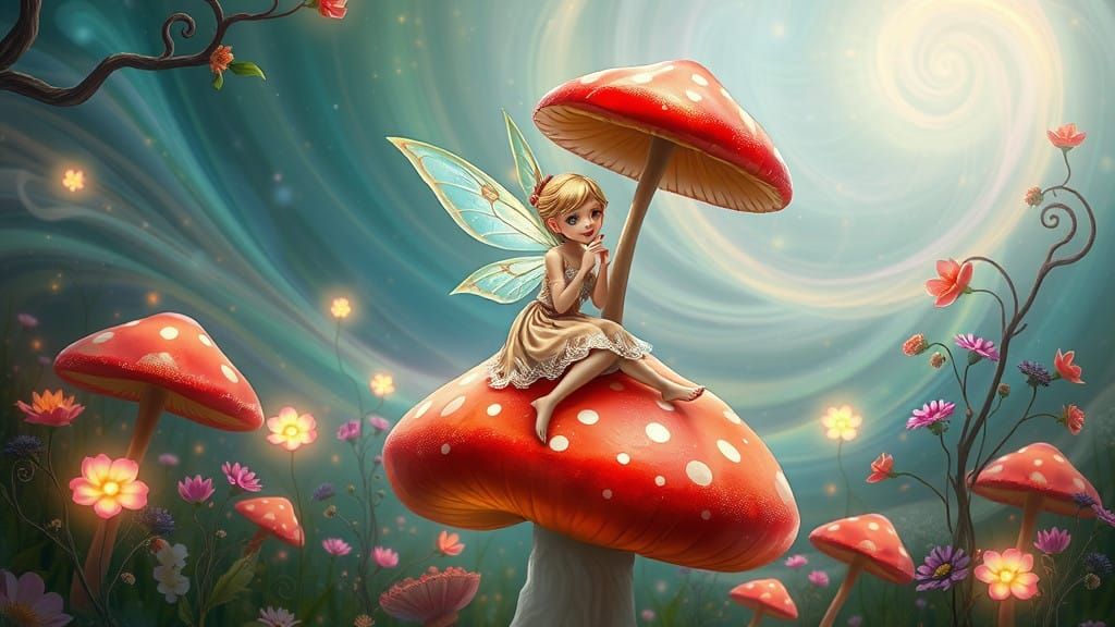 Enchanted Fairy Reigns Over Iridescent Mushroom Realm
