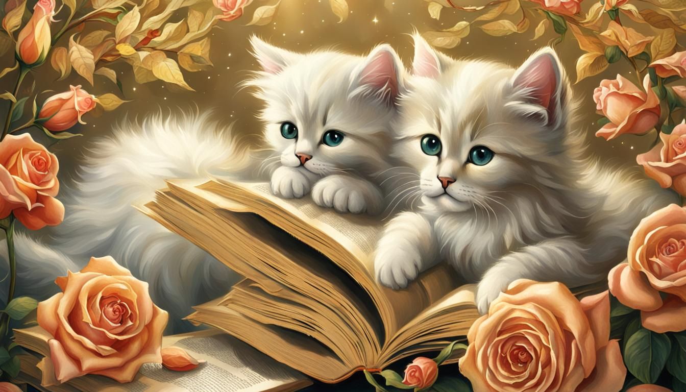 Angelic Afternoon Reading with Roses and Kittens