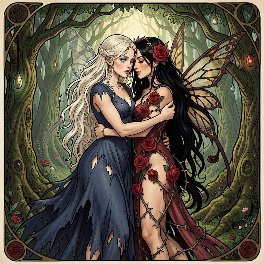 Art Nouveau Fairies Embrace in Enchanted Forest