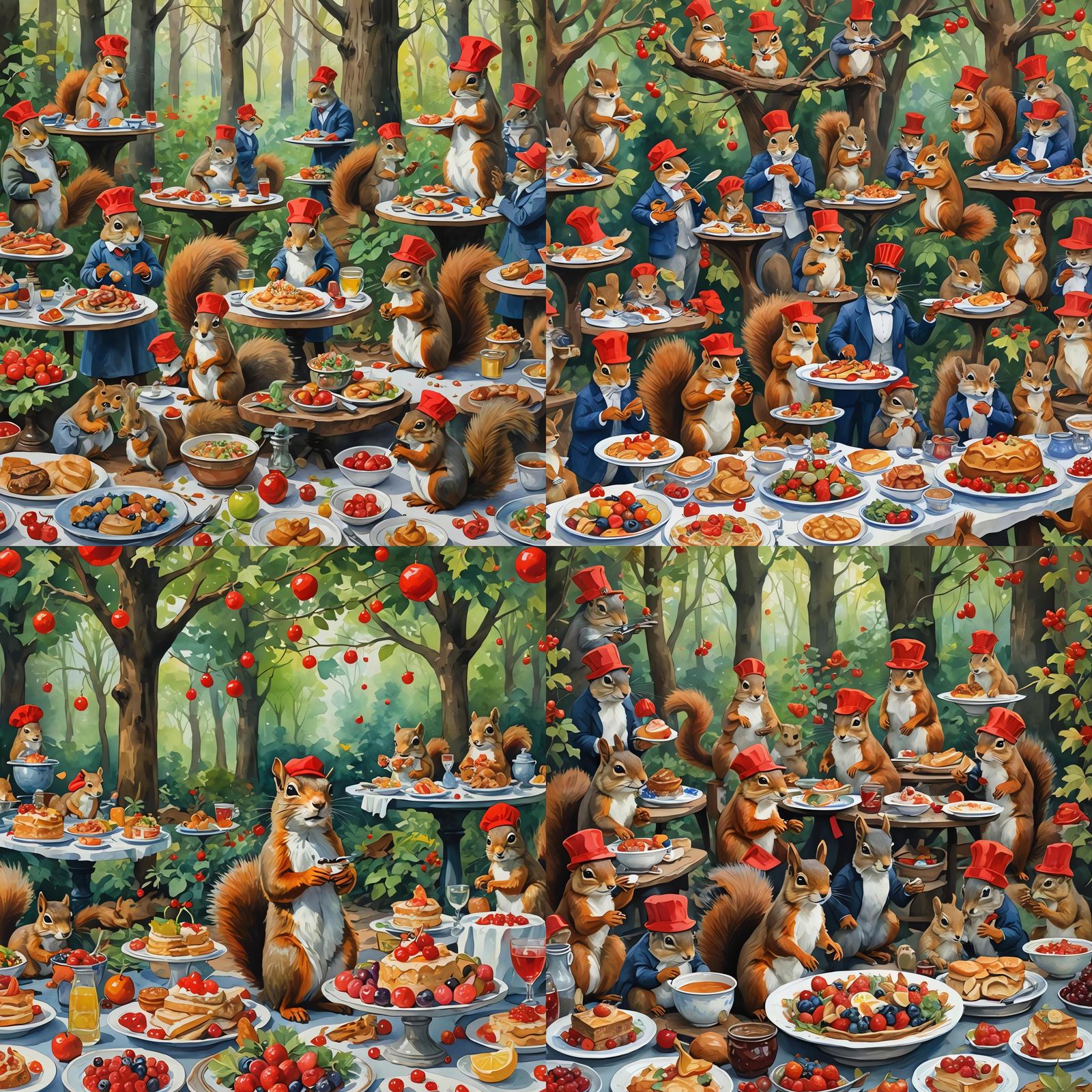 Squirrels Host a Robin Feast: Watercolor Impressionist Dream