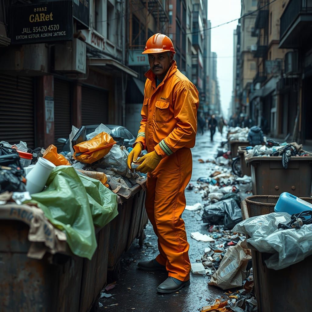 Sanitation Worker Amidst Urban Grit