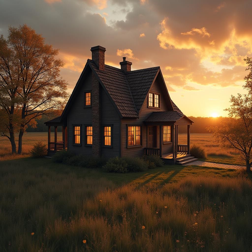 Brown House with Many Clocks at Sunset