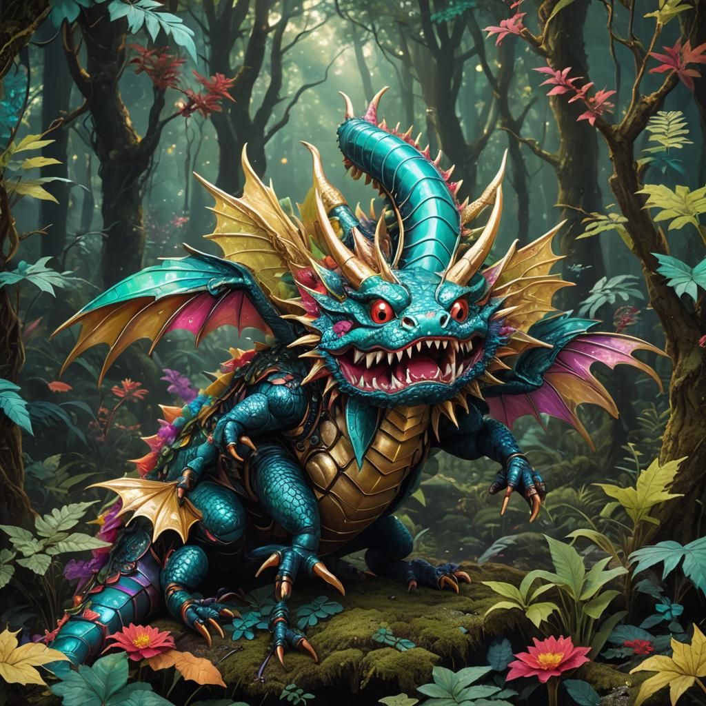 Sushi-Mustached Centipede with Dragon Wings in Mystical Fore...