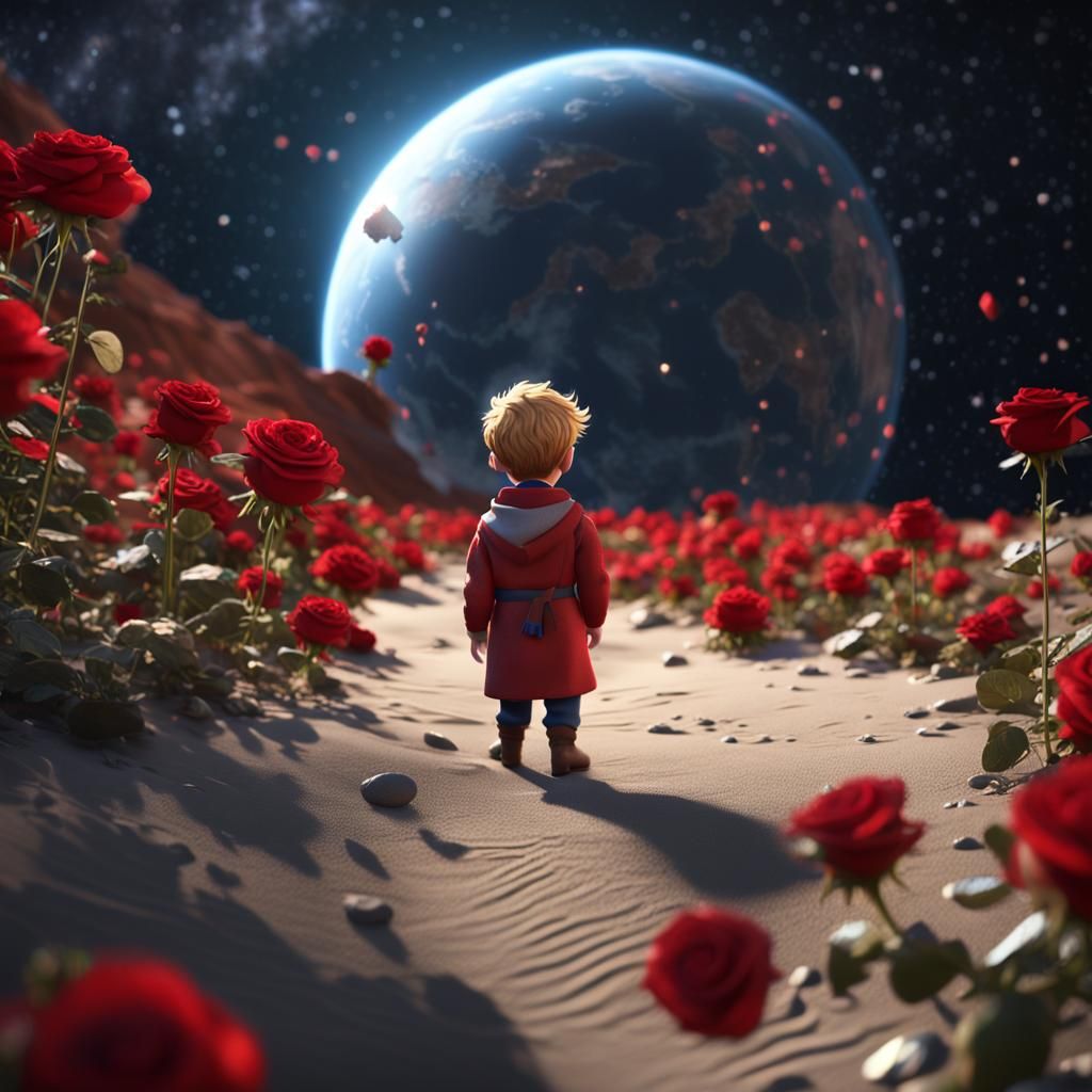 Little Prince and Rose on Asteroid in Hyperrealism
