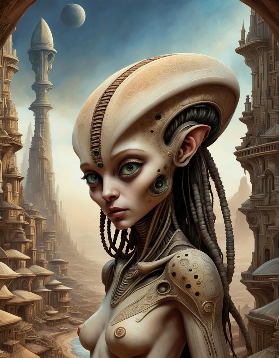 Elegant Alien in Ancient City, Detailed Digital Art