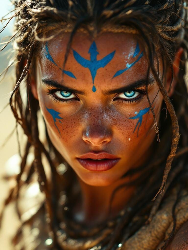 Fierce Amazon Warrior Portrait in Desert Sunlight