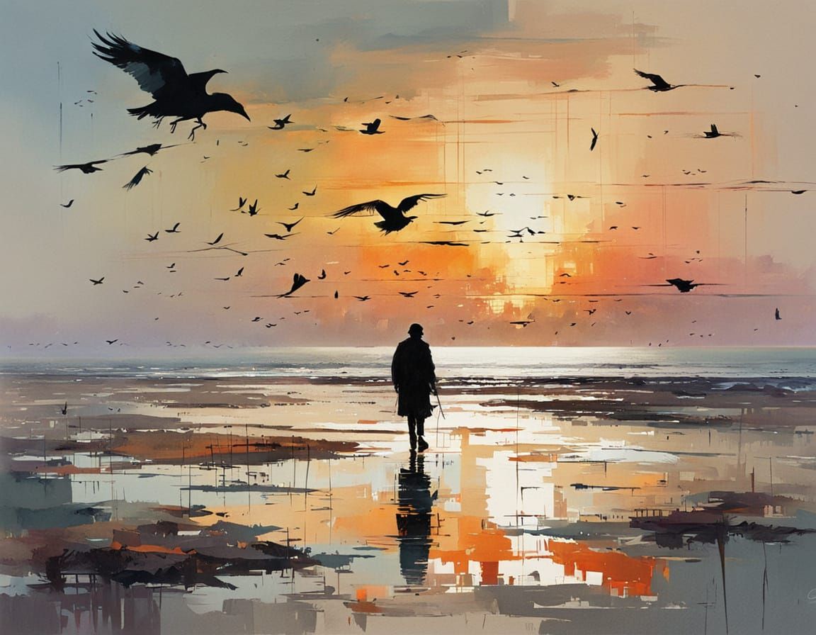 Lonely Figure Strolls the Wadden Sea Beach at Sunset Amidst ...