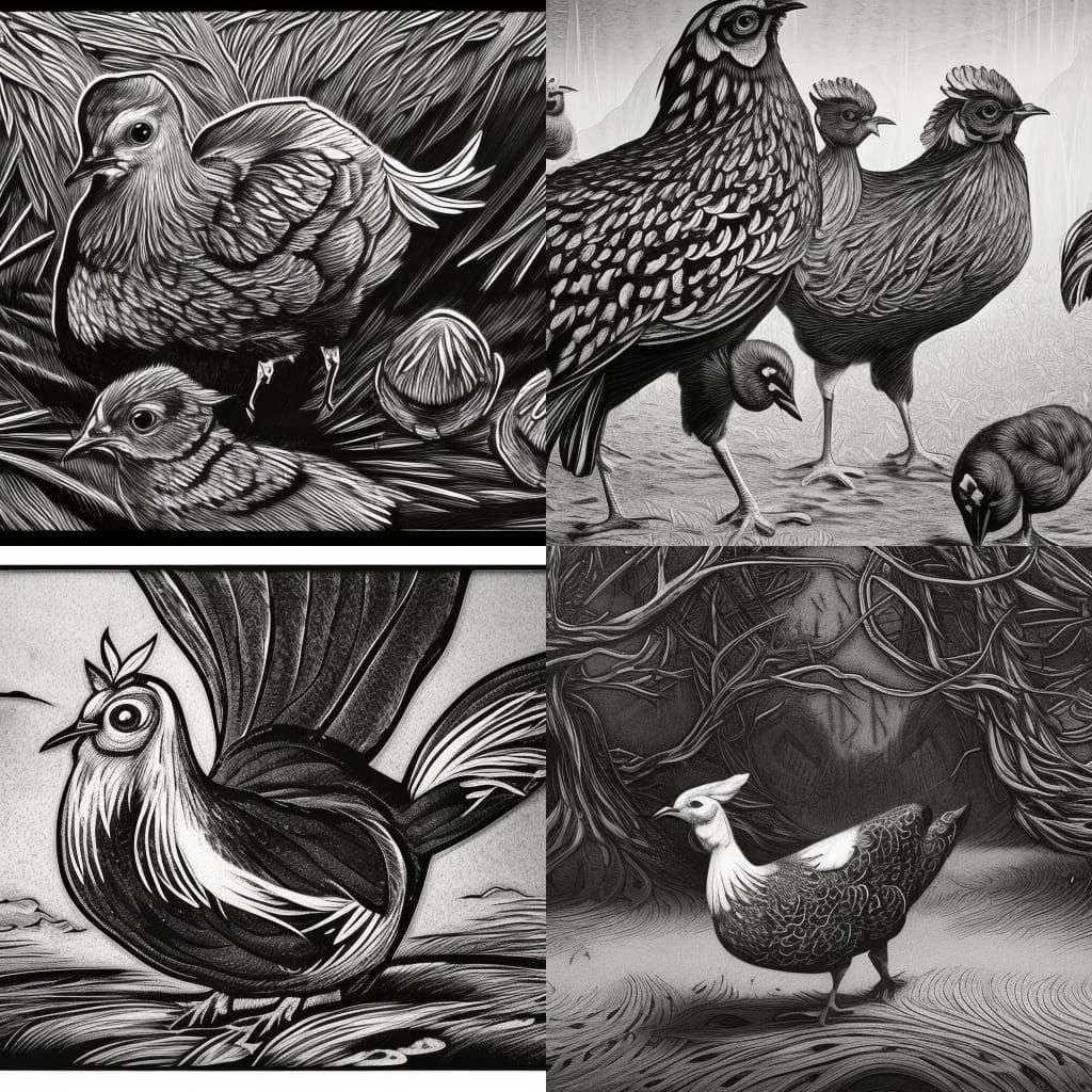 Hen and Chicks: Black and White Woodcut