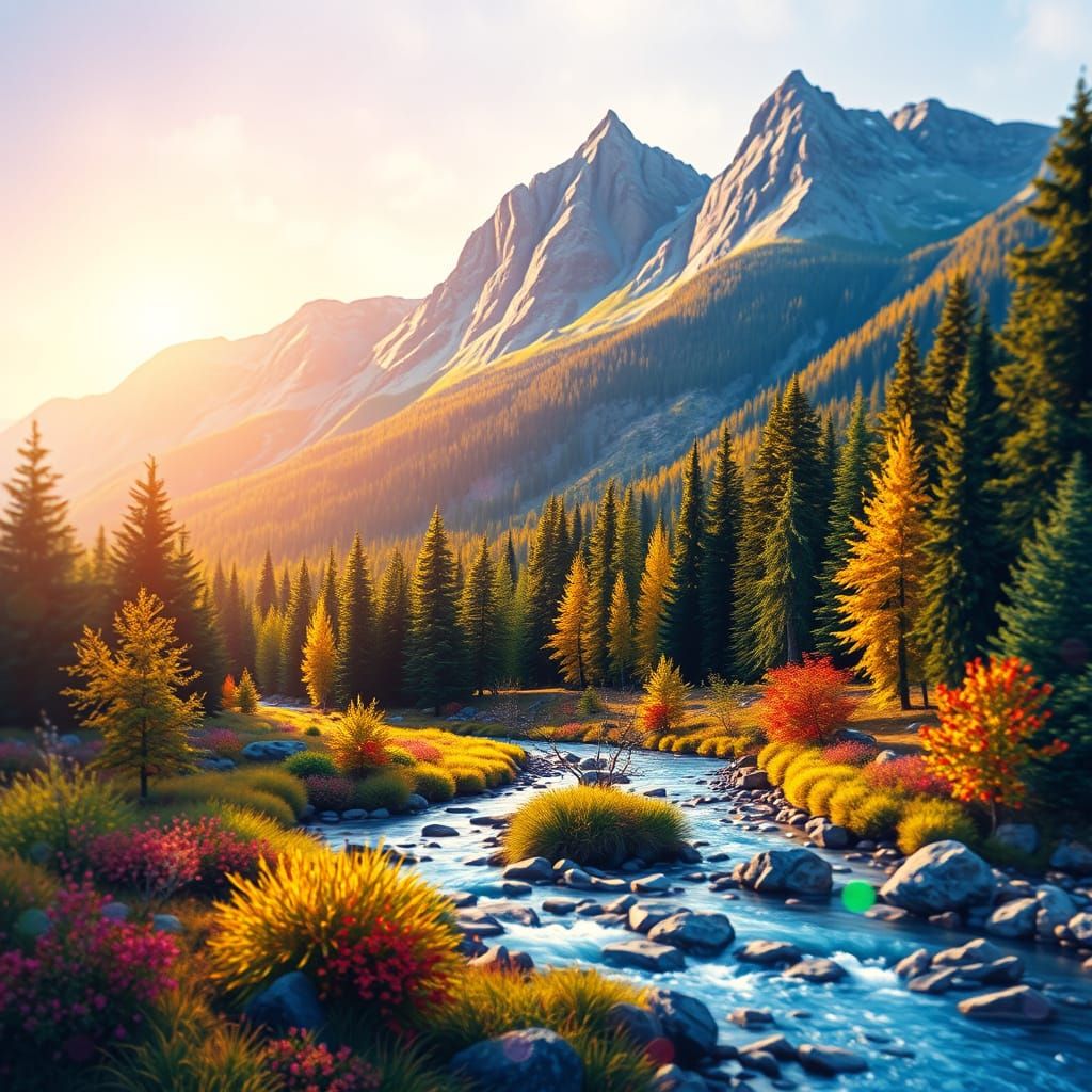 Pointillist Landscape with Mountains and Stream