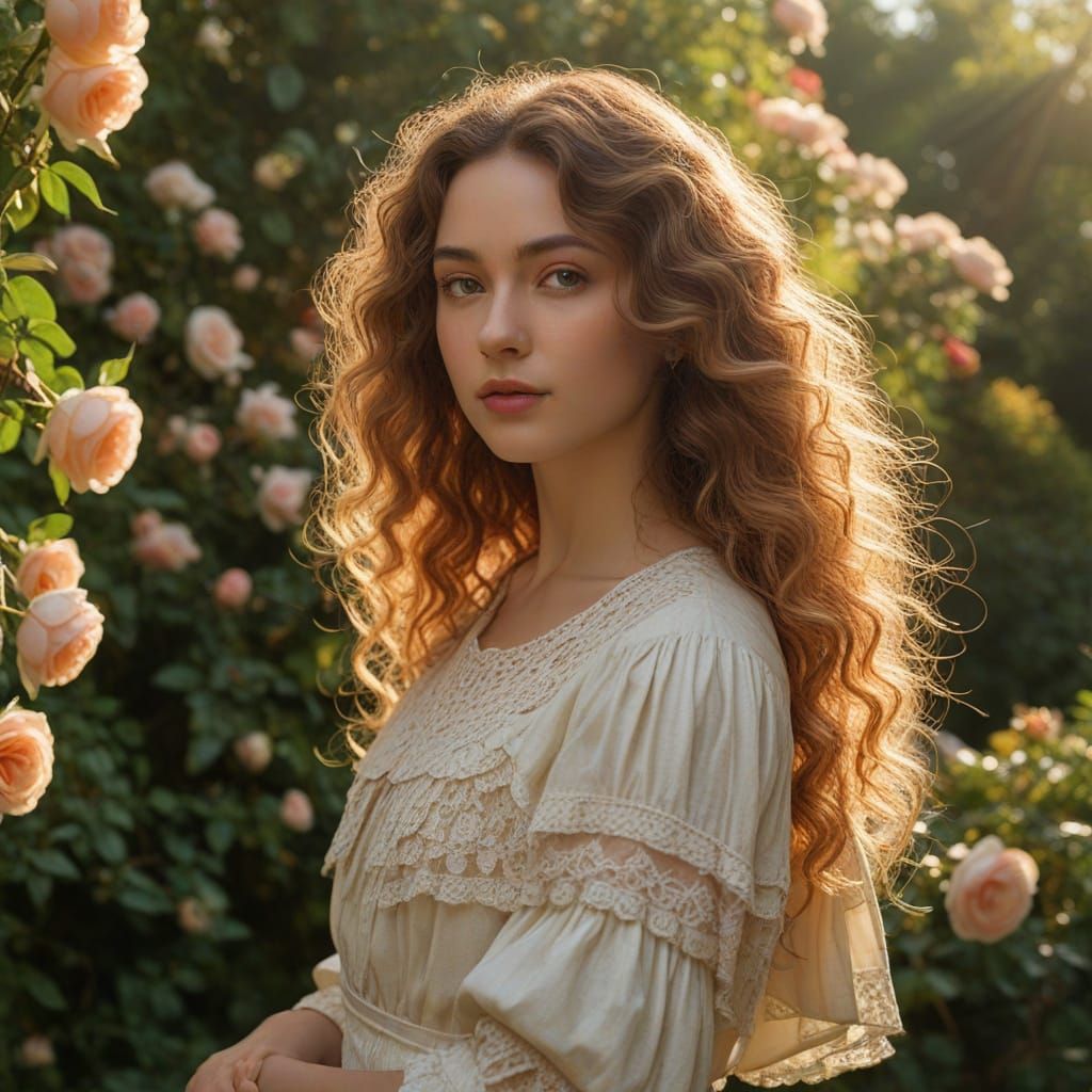 Woman in Sunlit Garden, Inspired by Pre-Raphaelite Brotherho...