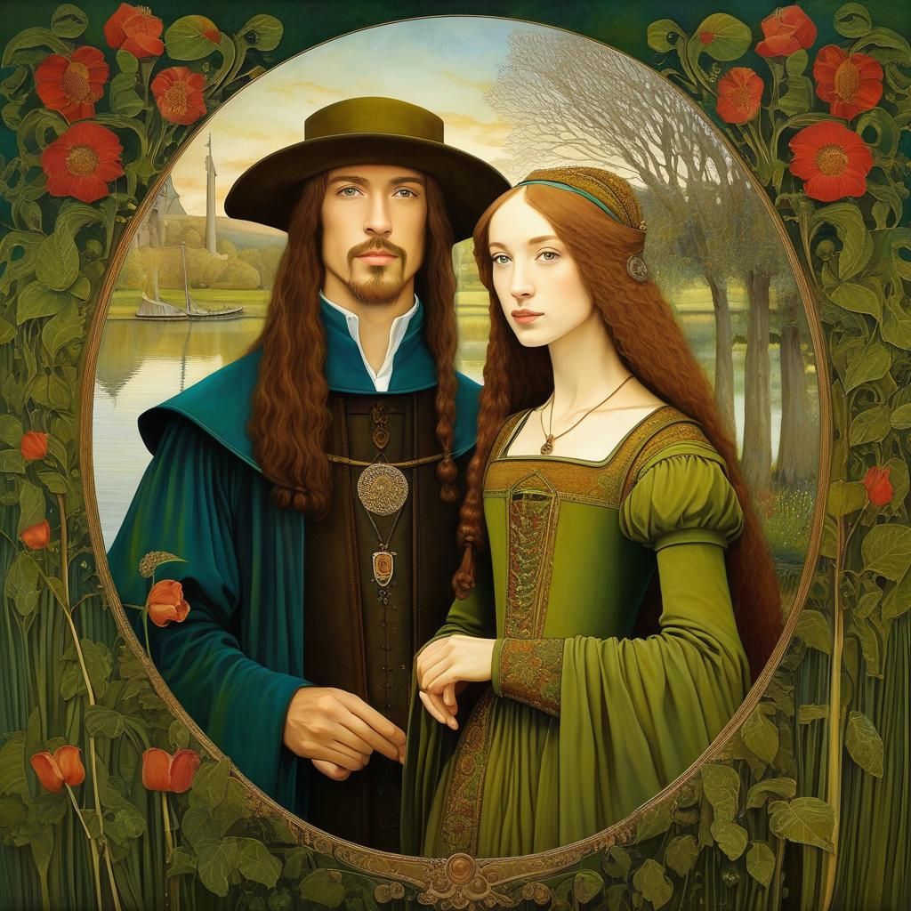 Arnolfini Portrait in Watercolor Style